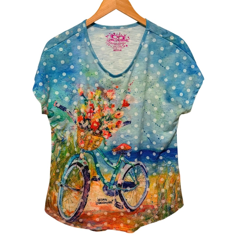Leoma Lovegrove Top Sz Medium Blue Polka Dot Floral Bicycle Beach Art T-Shirt